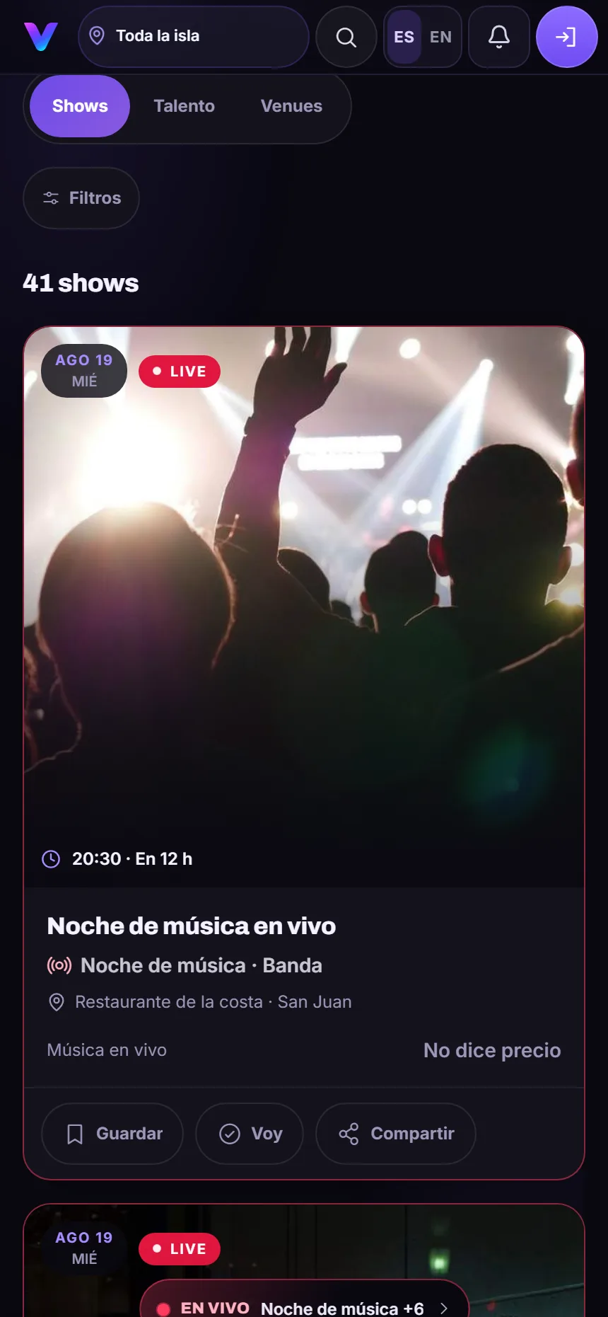 Pantalla de explorar en Venuify: sitios y artistas por pueblo y género
