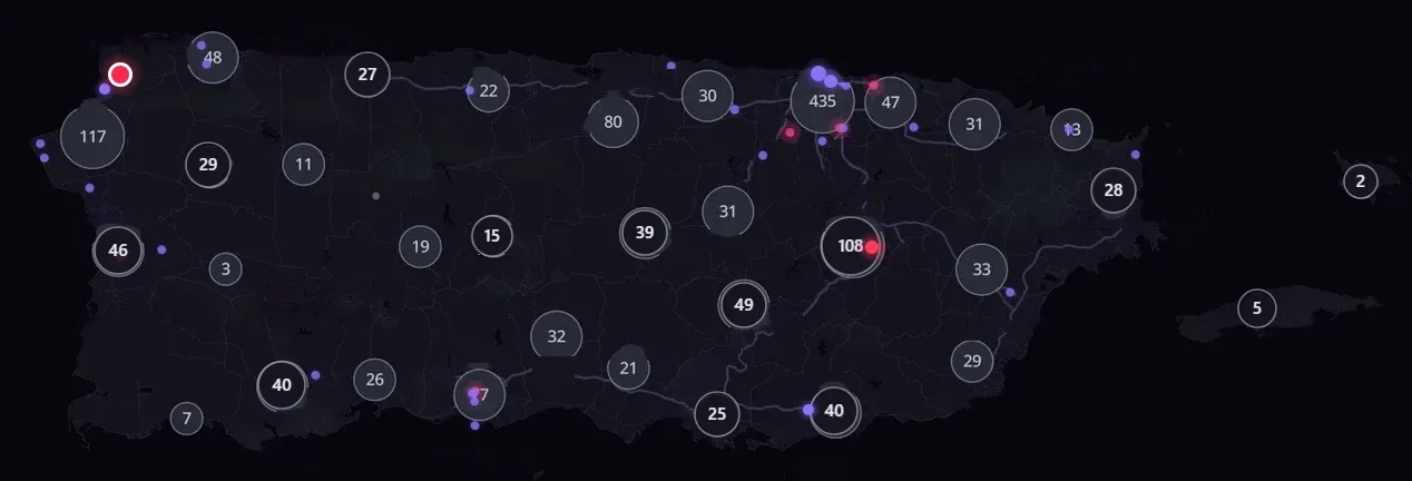 Mapa de Venuify: la isla entera en puntos anónimos — grises los lugares, violeta los que tienen show, rojo lo que está en vivo