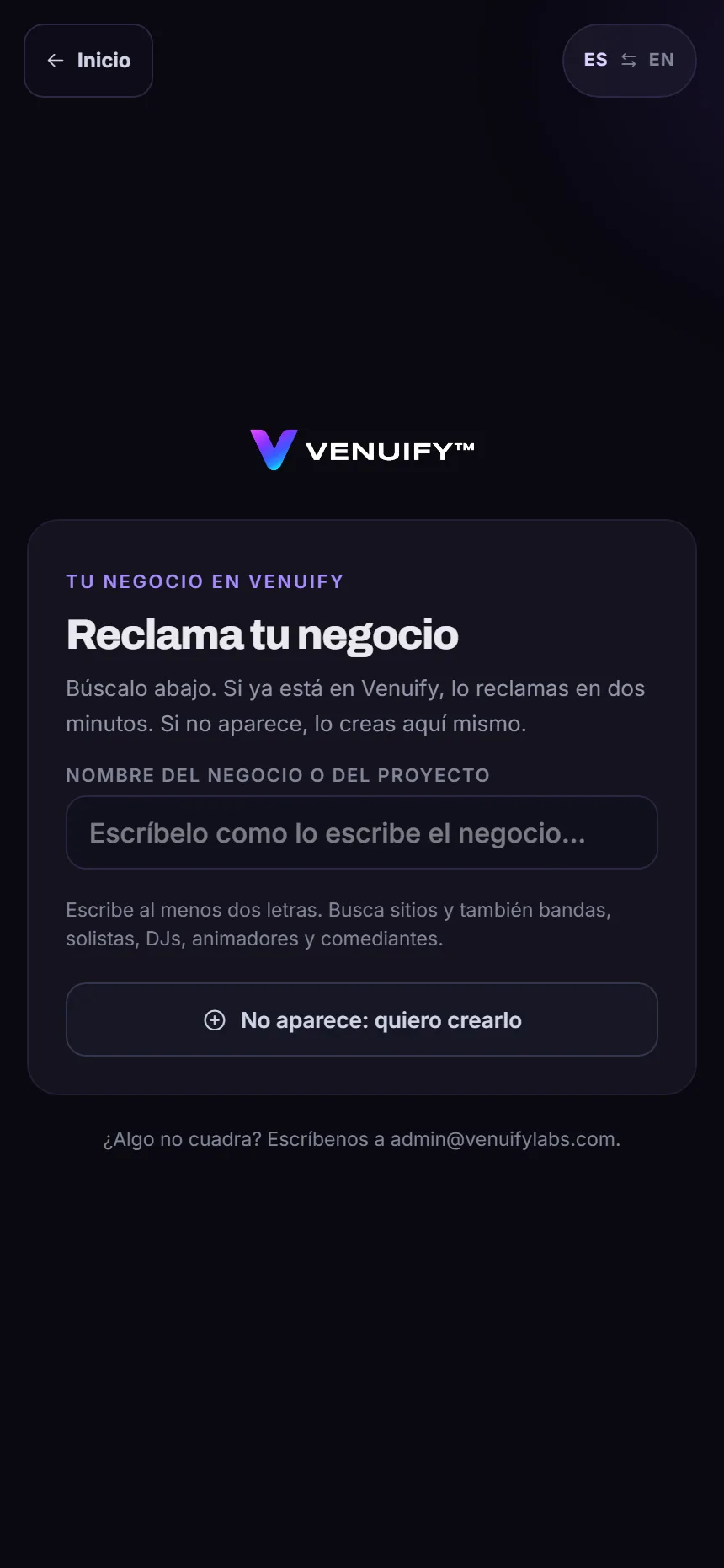 Pantalla de reclamo en Venuify: busca tu negocio y reclama su página