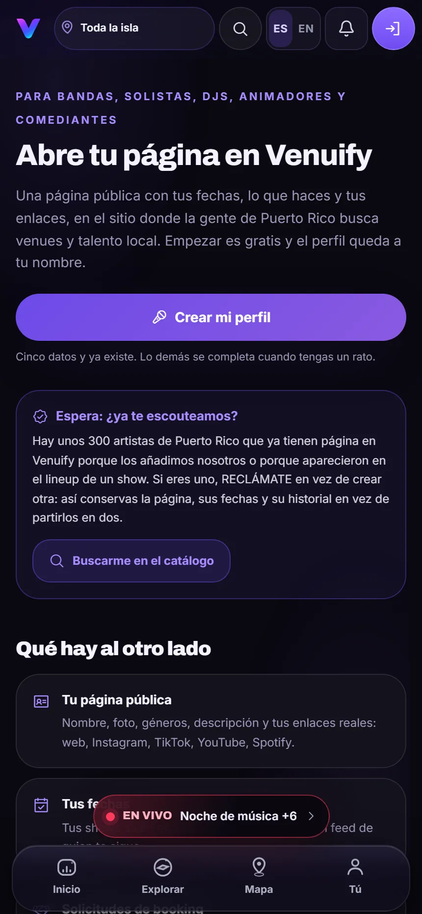 Pantalla para artistas en Venuify: abre tu página con tus fechas y tu música